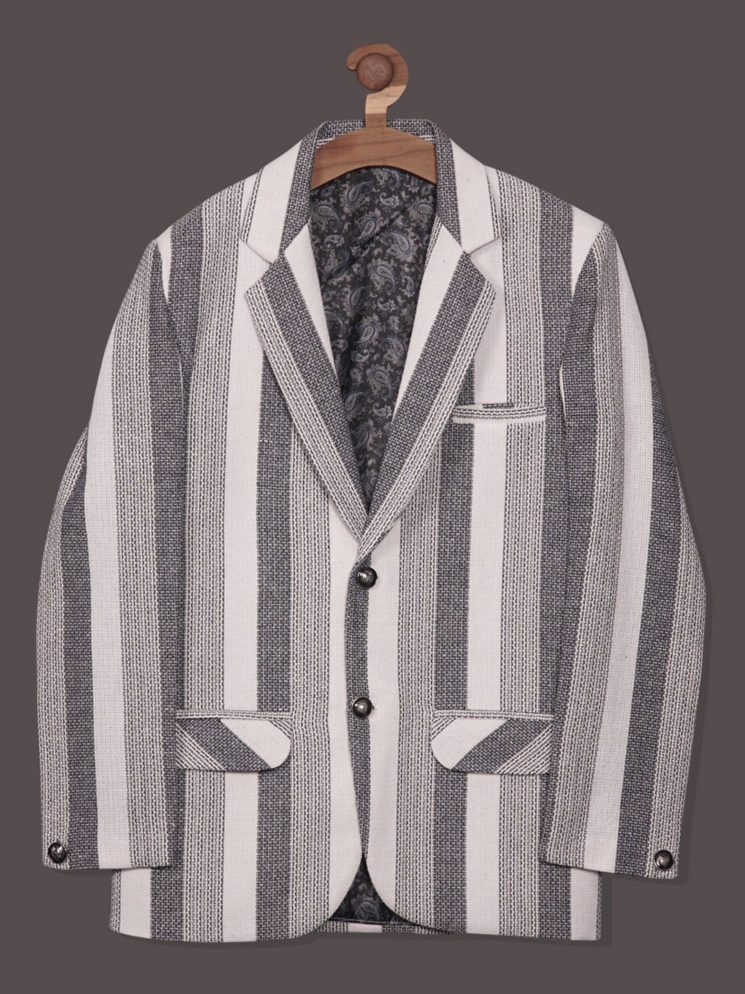

RIKIDOOS Boys Striped Notched Lapel Cotton Single-Breasted Tailored-Fit Casual Blazer, Navy blue