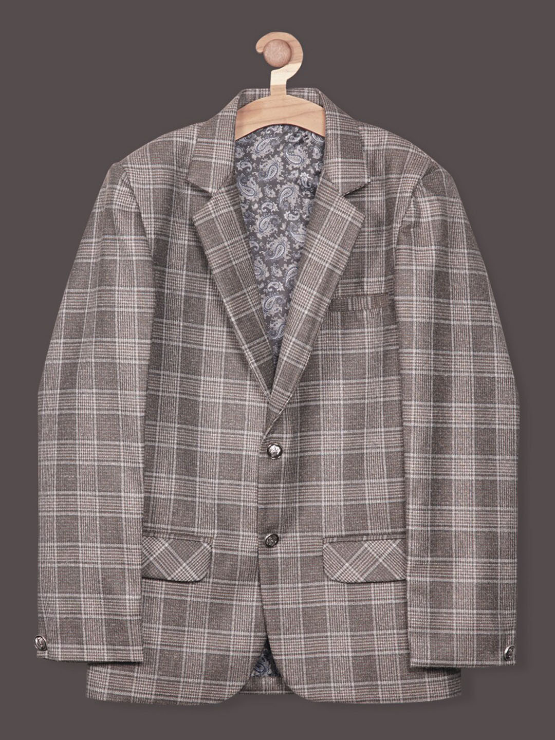 

RIKIDOOS Boys Checked Cotton Single-Breasted Tailored-Fit Satin Casual Blazer, Coffee brown