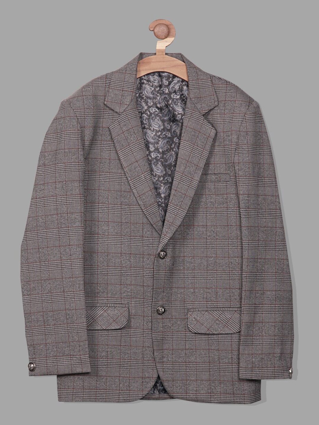 

RIKIDOOS Boys Checked Notched Lapel Single-Breasted Tailored-Fit Casual Blazer, Grey