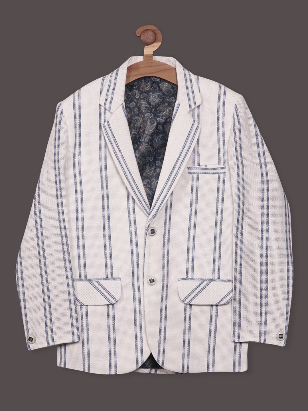

RIKIDOOS Boys Striped Notched Lapel Single-Breasted Tailored-Fit Casual Blazer, White