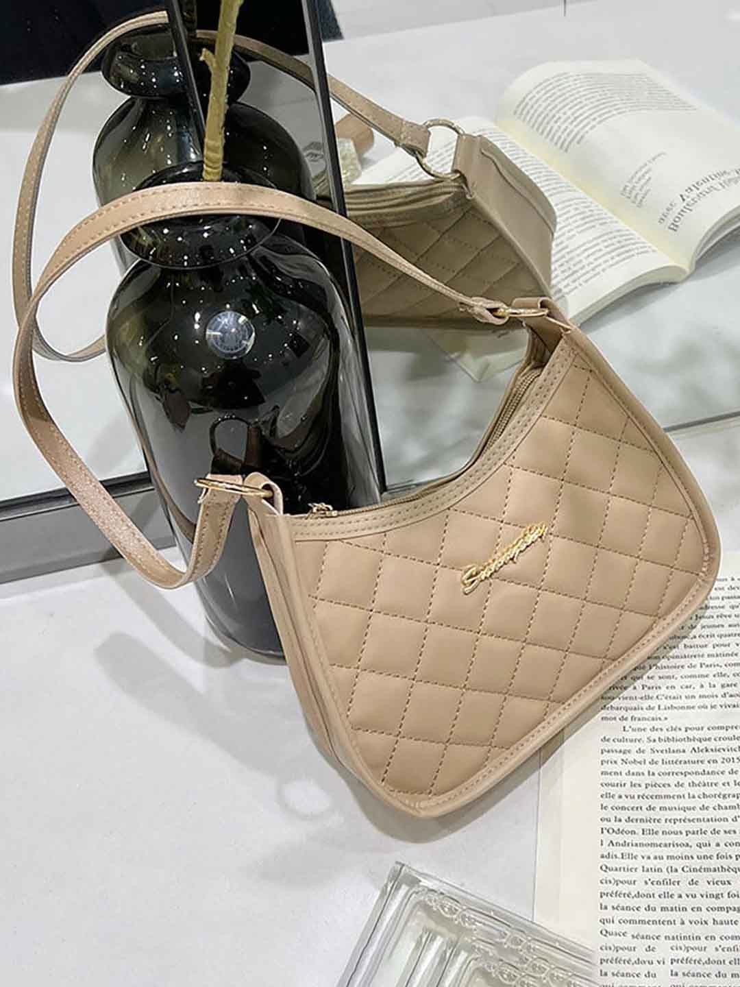 

SYGA Textured Structured Shoulder Bag with Quilted, Khaki