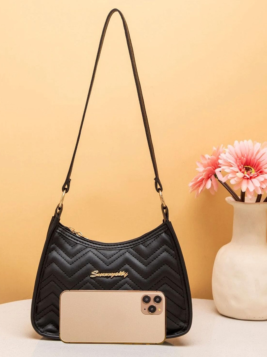 

SYGA Textured Leather Structured Shoulder Bag, Black
