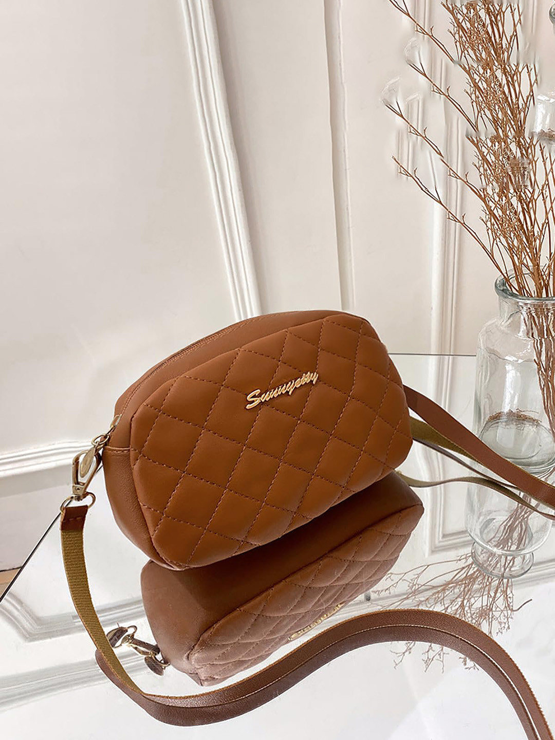 

SYGA Textured Structured Sling Bag with Quilted, Brown