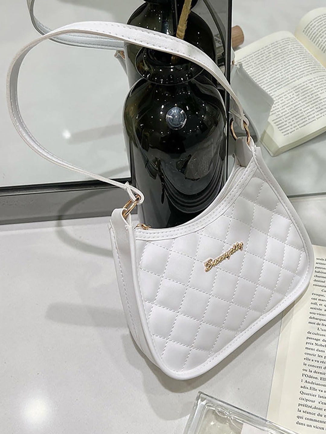 

SYGA Textured Structured Shoulder Bag with Quilted, White