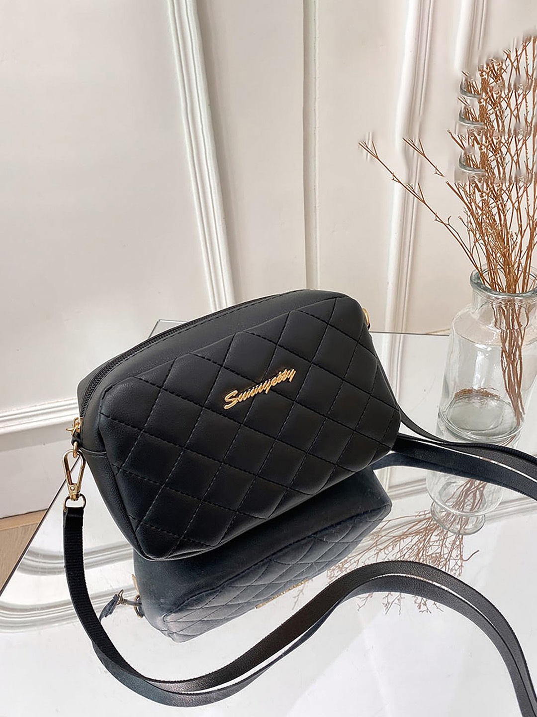 

SYGA Geometric Textured Structured Sling Bag, Black