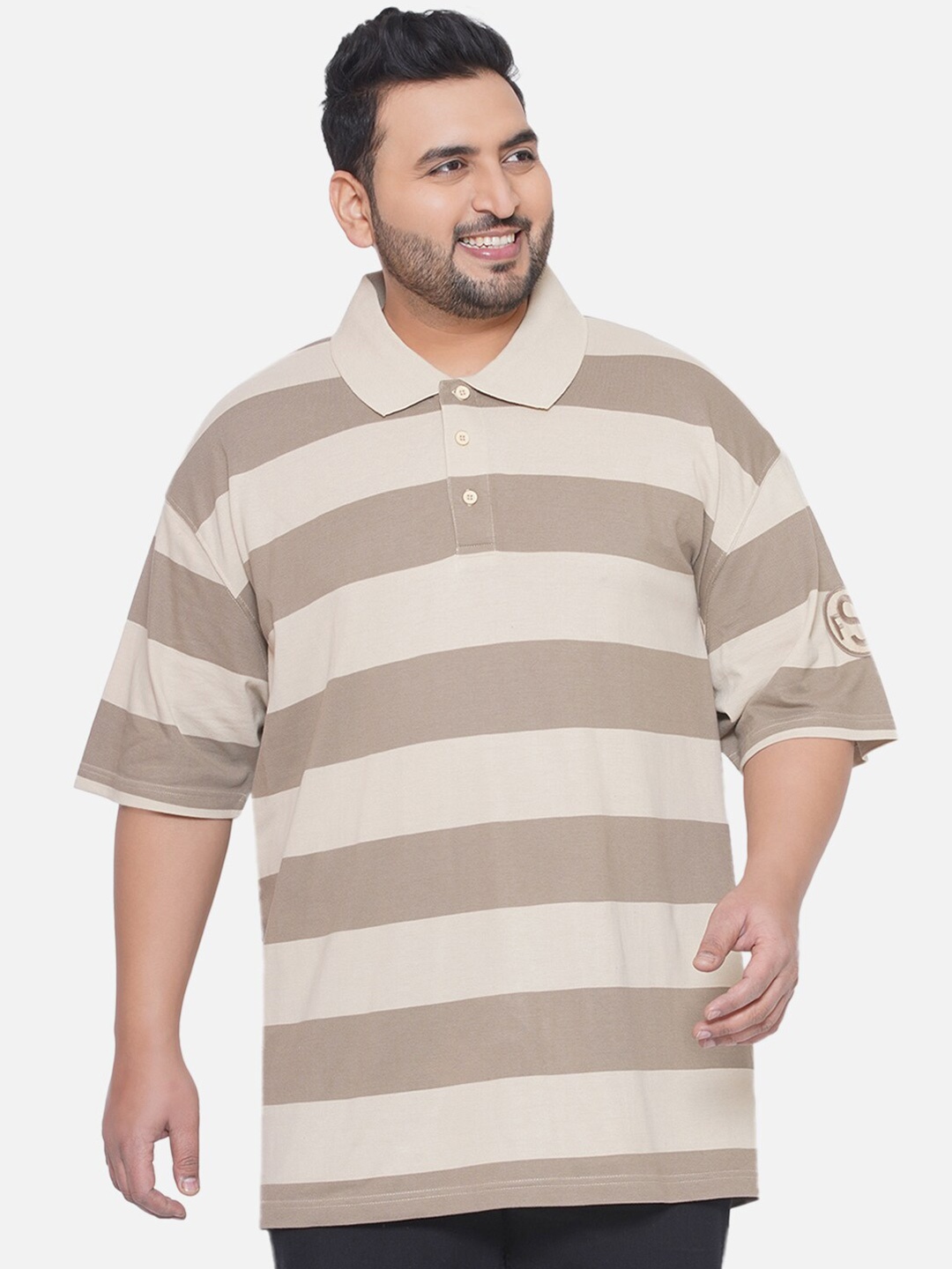 

Santonio Plus Size Striped Polo Collar Pure Cotton T-shirt, Cream