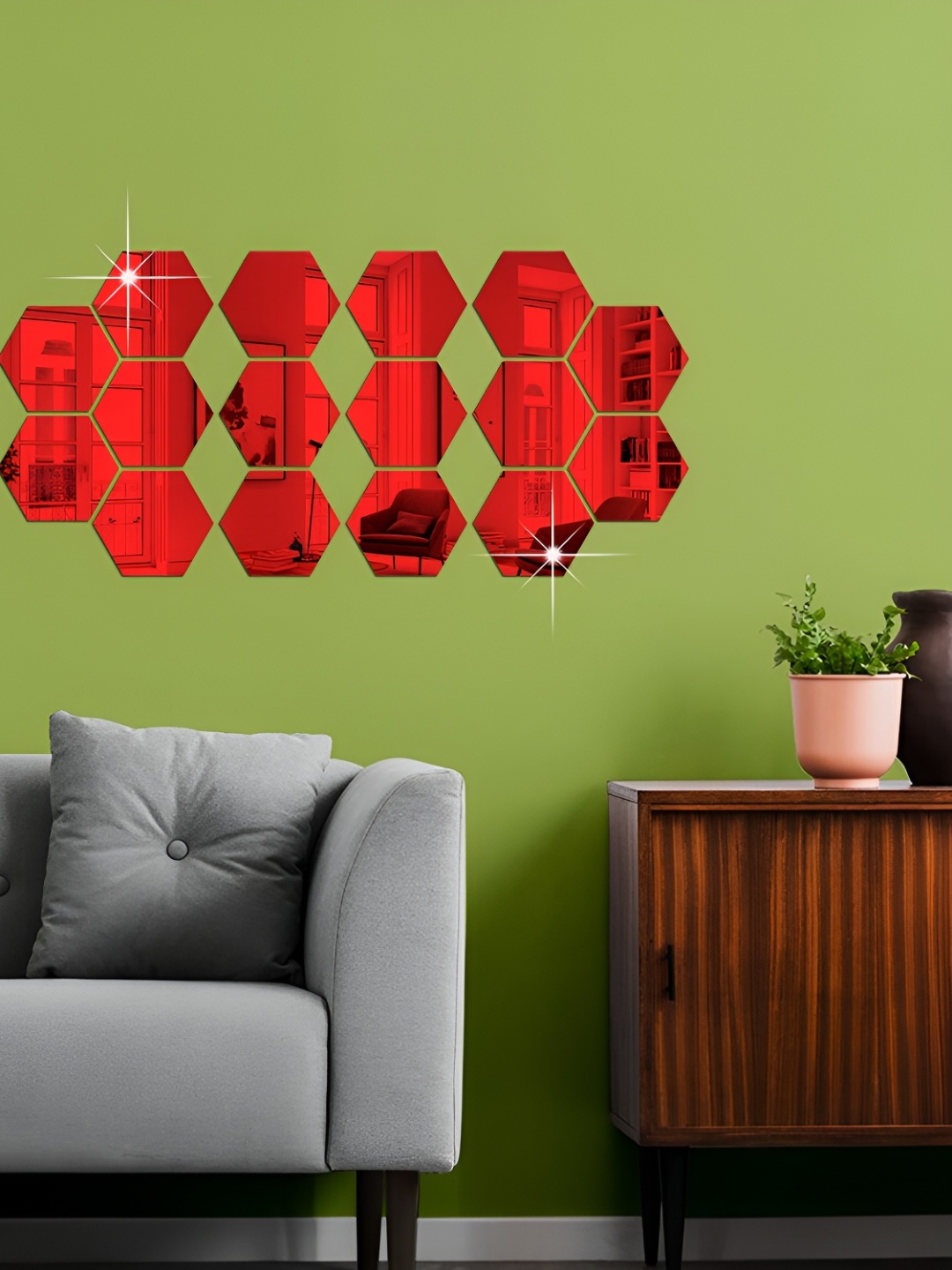 

WALLWEAR Red 16 Pieces Hexagon Self Adhesive Acrylic Wall Stickers