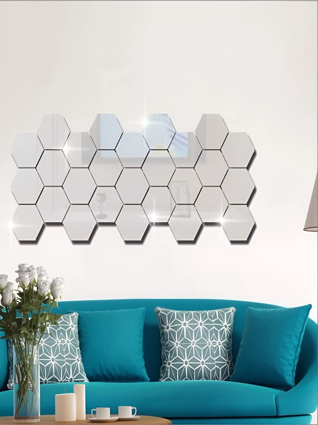 

WALLWEAR Silver Toned 27 Pieces Hexagon Self Adhesive Wall Stickers