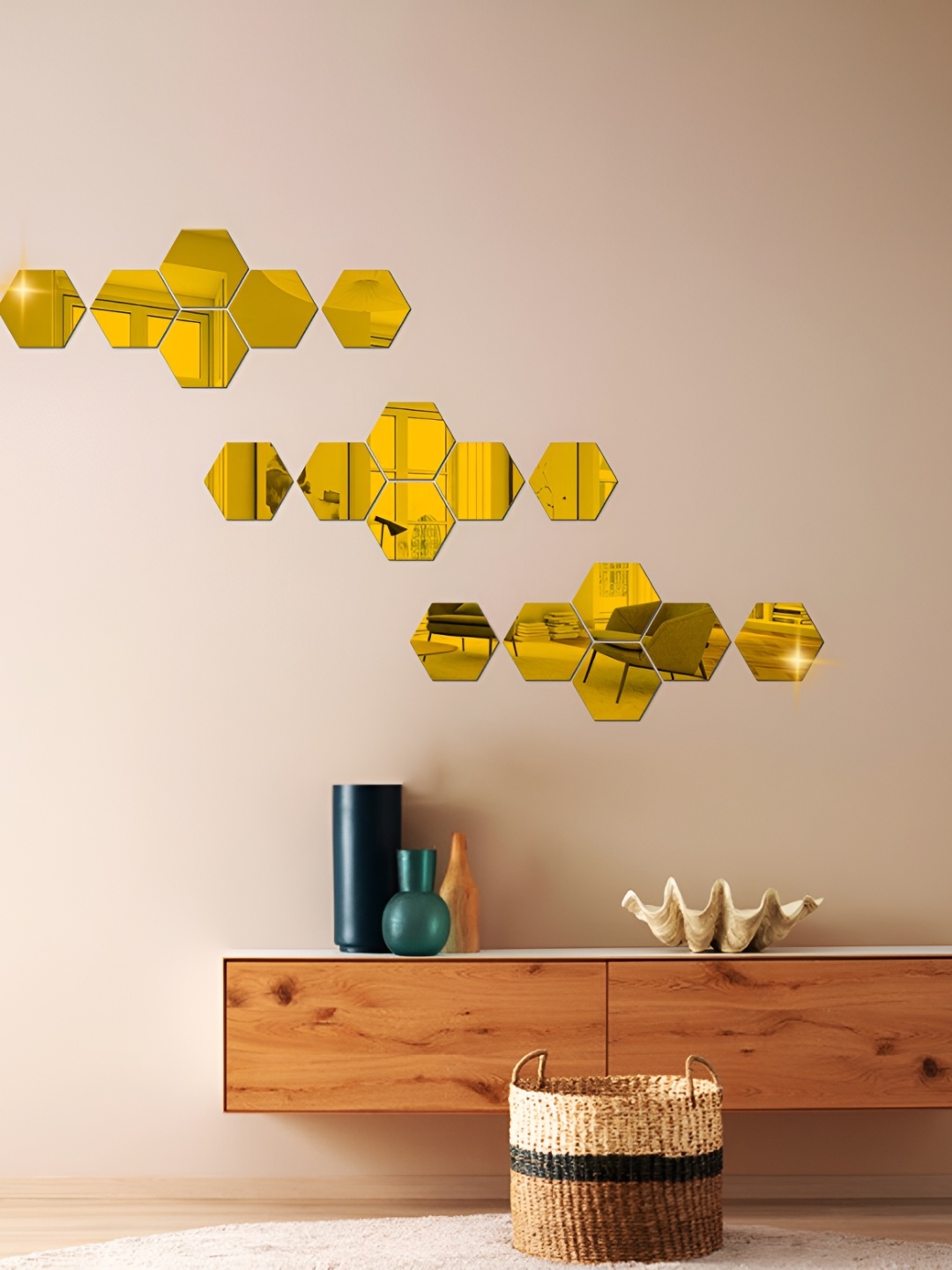 

WALLWEAR Gold Toned 18 Pieces Hexagon Shaped Acrylic Wall Stickers