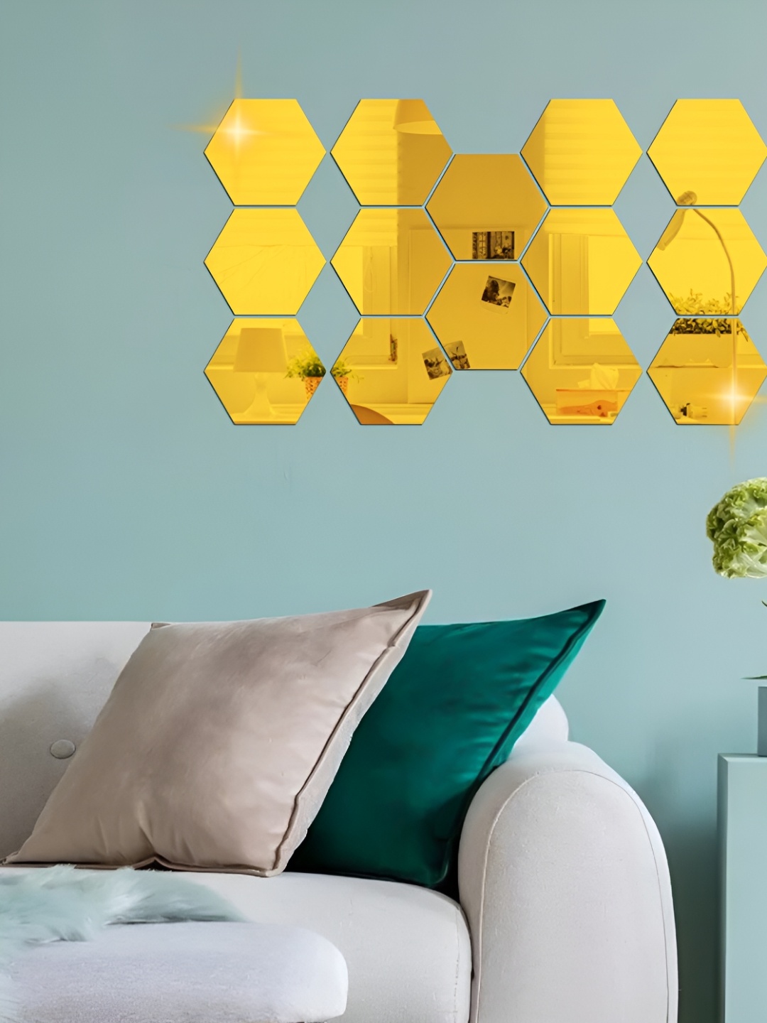 

WALLWEAR Gold Toned 14 Pieces Hexagon Shaped Self Adhesive Acrylic Wall Stickers