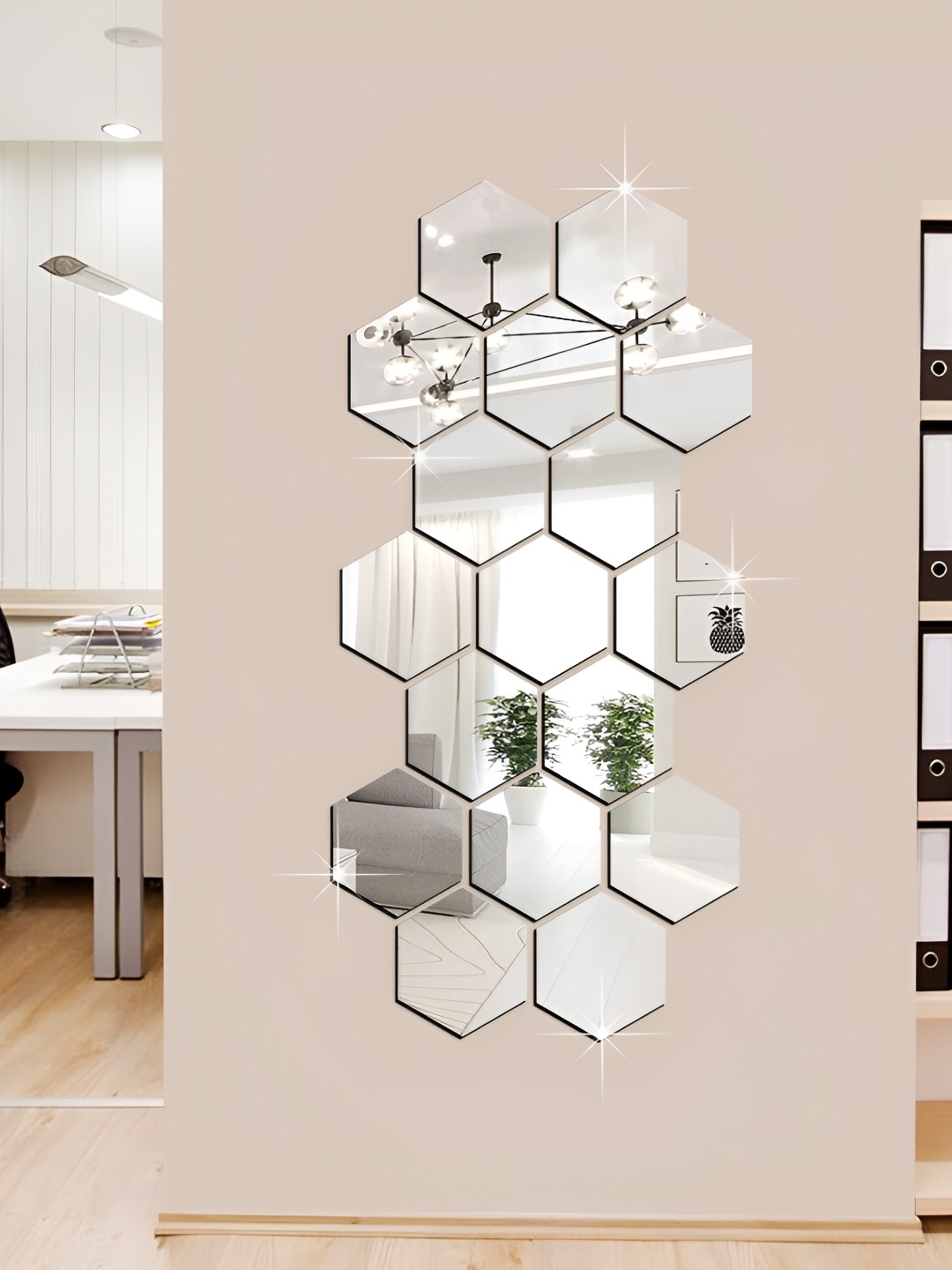 WALLWEAR Silver Toned 17 Pieces Hexagon Self Adhesive Wall Stickers