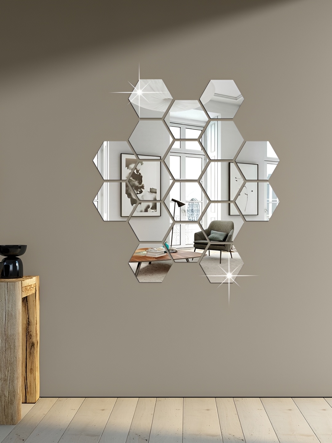

WALLWEAR Silver Toned 18 Pieces Hexagon Shaped Acrylic Wall Stickers