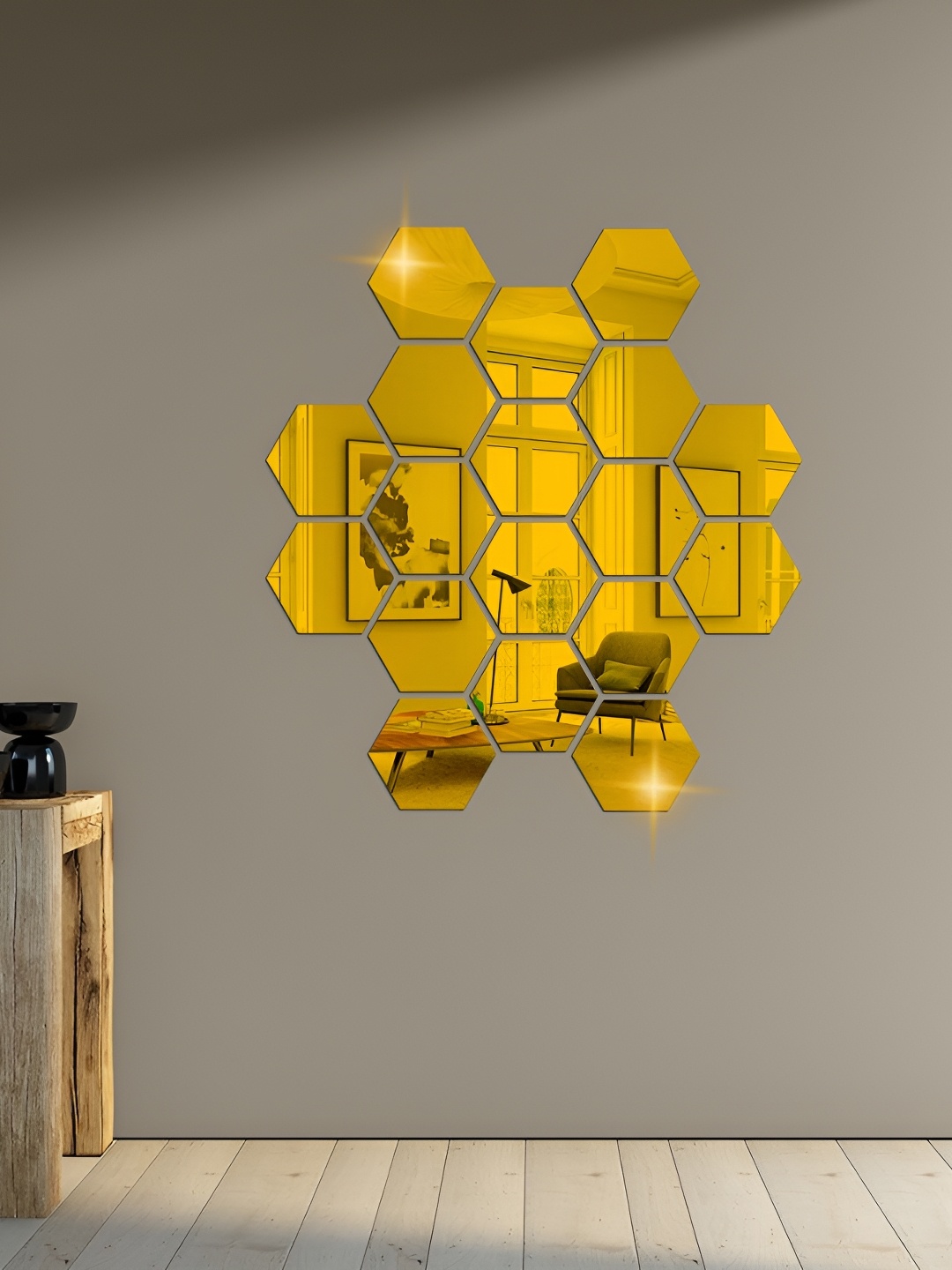 

WALLWEAR Gold Toned 18 Pieces Hexagon Shaped Self Adhesive Acrylic Wall Stickers