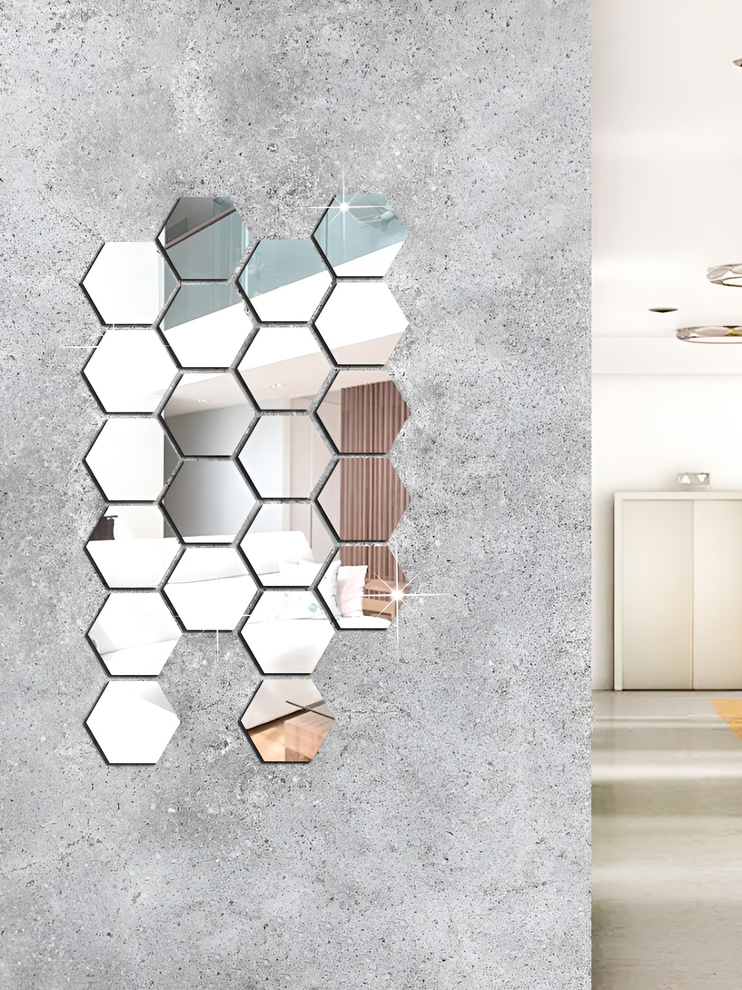 

WALLWEAR Silver Toned 22 Pcs Hexagon Self Adhesive Acrylic Wall Stickers