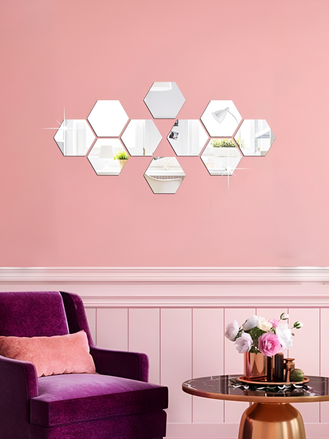

WALLWEAR Silver Toned 10 Pcs Hexagon Self Adhesive Acrylic Wall Stickers