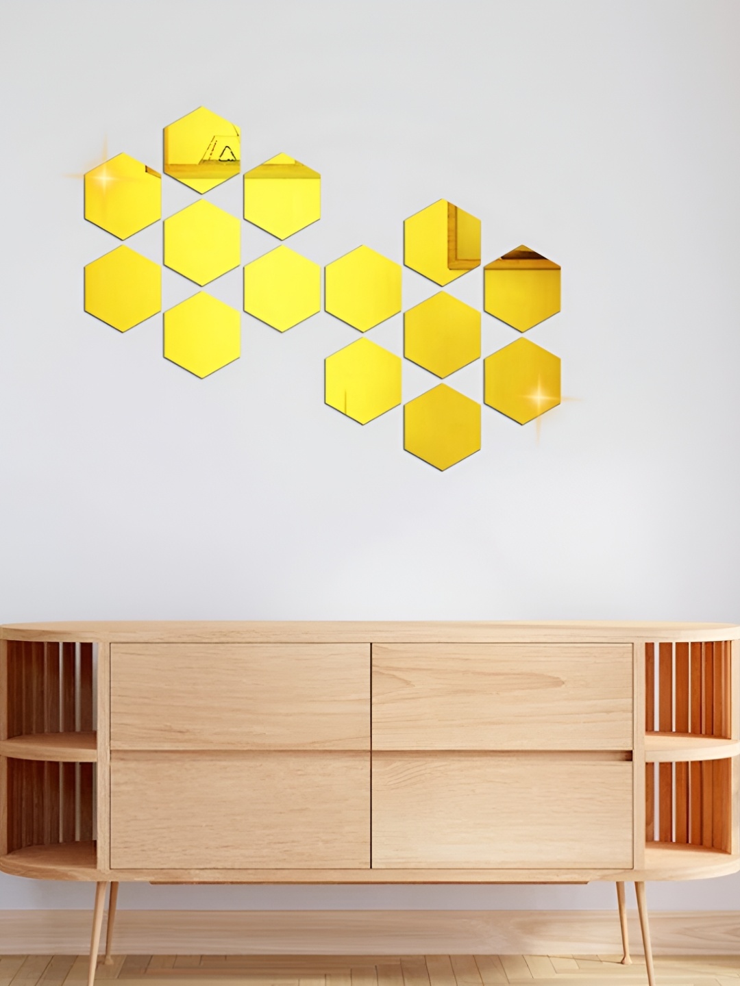 

WALLWEAR Gold Toned 14 Pcs Hexagon Self Adhesive Acrylic Wall Stickers