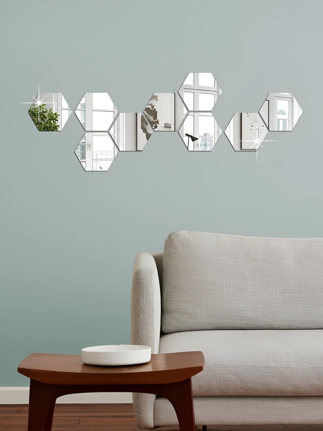 

WALLWEAR Silver Toned 9 Pcs Hexagon Self Adhesive Acrylic Wall Stickers
