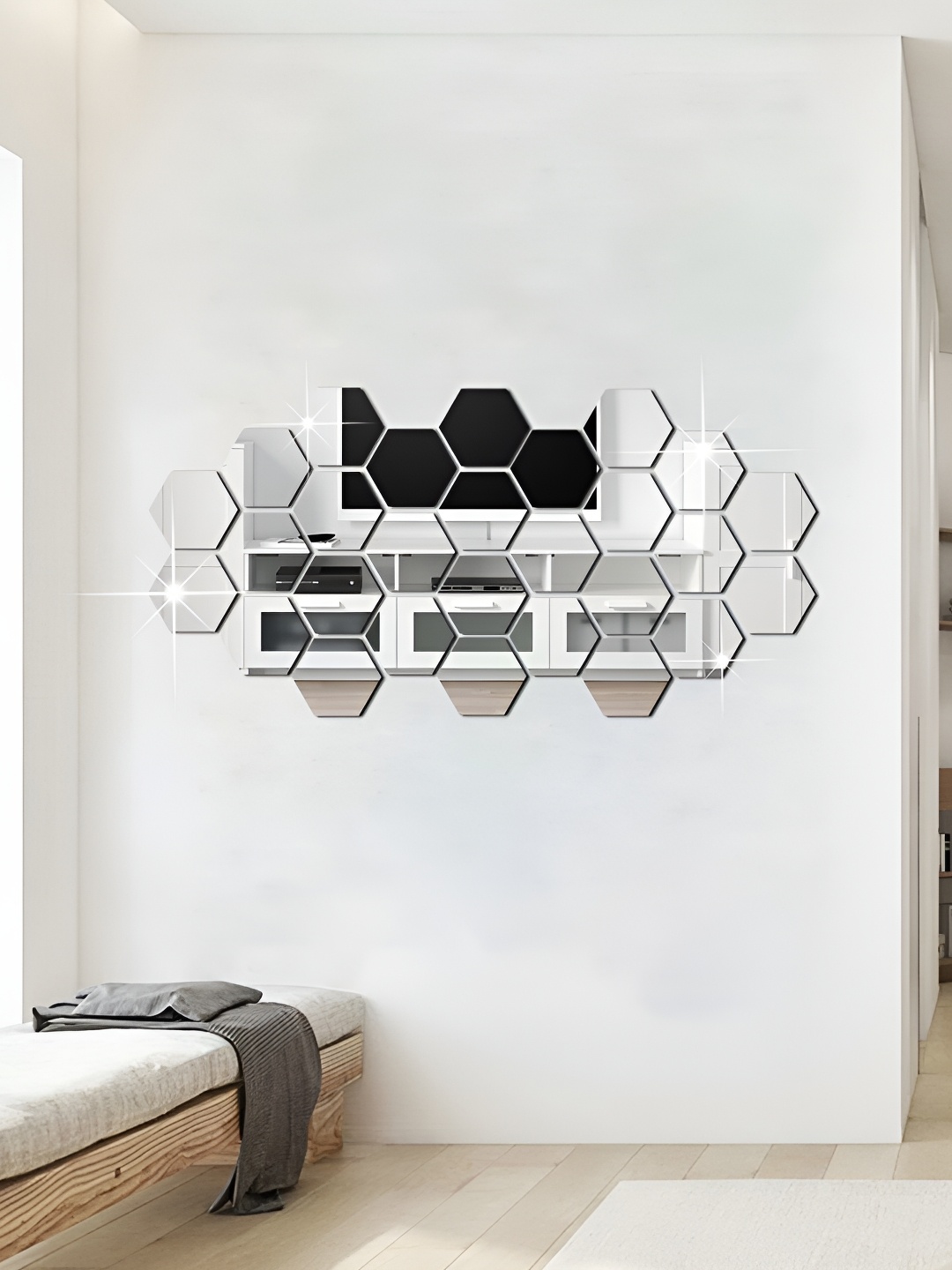 

WALLWEAR Silver Toned 28 Pieces Hexagon Shaped Acrylic Wall Stickers