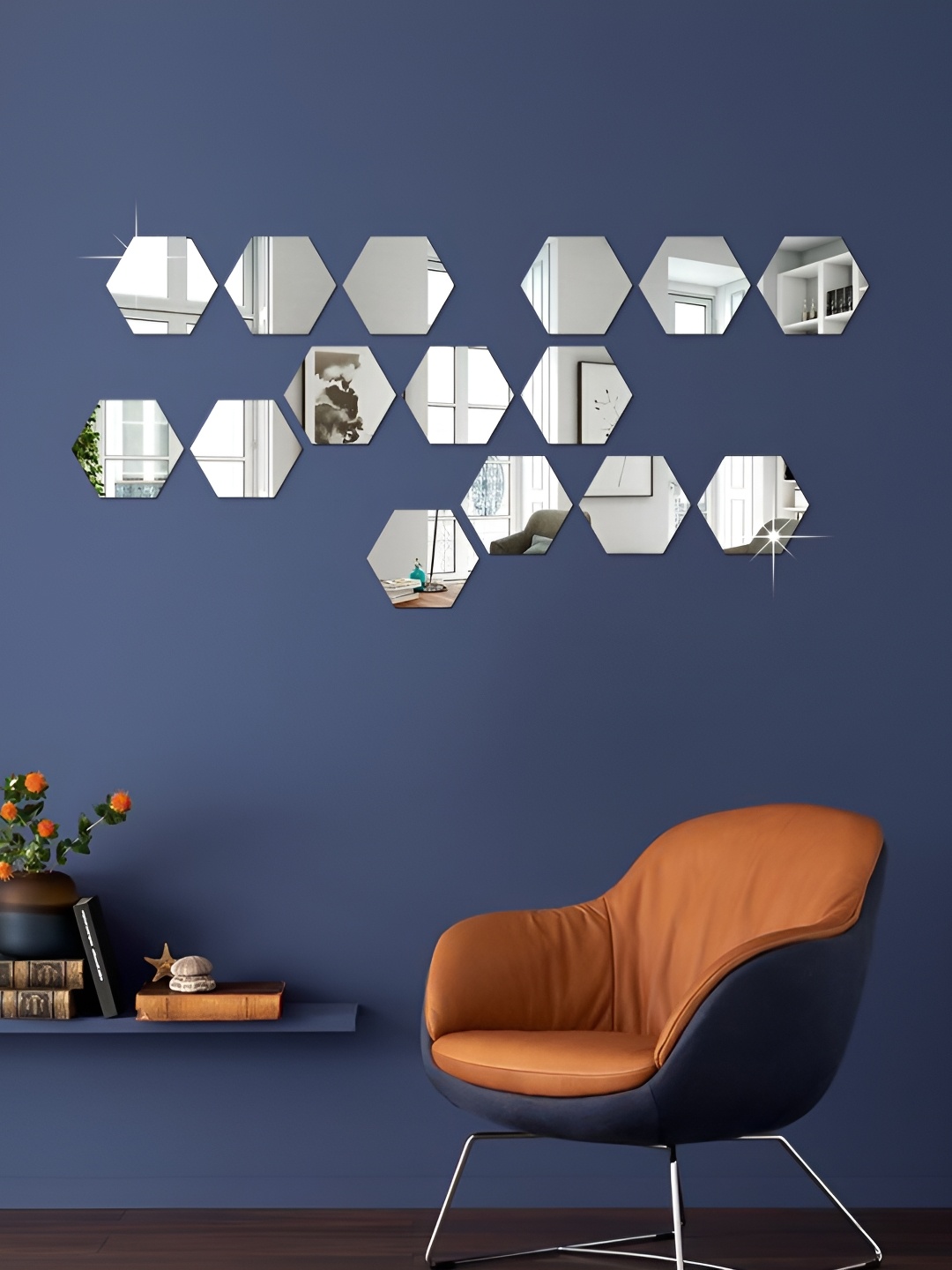 

WALLWEAR Silver-Toned 15Pcs Hexagon Self Adhesive Acrylic Wall Stickers