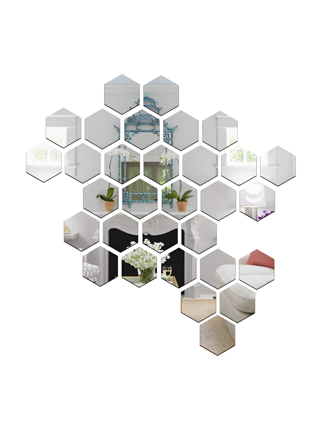 

WALLWEAR Silver Toned 31 Pcs Hexagon Self Adhesive Acrylic Wall Stickers