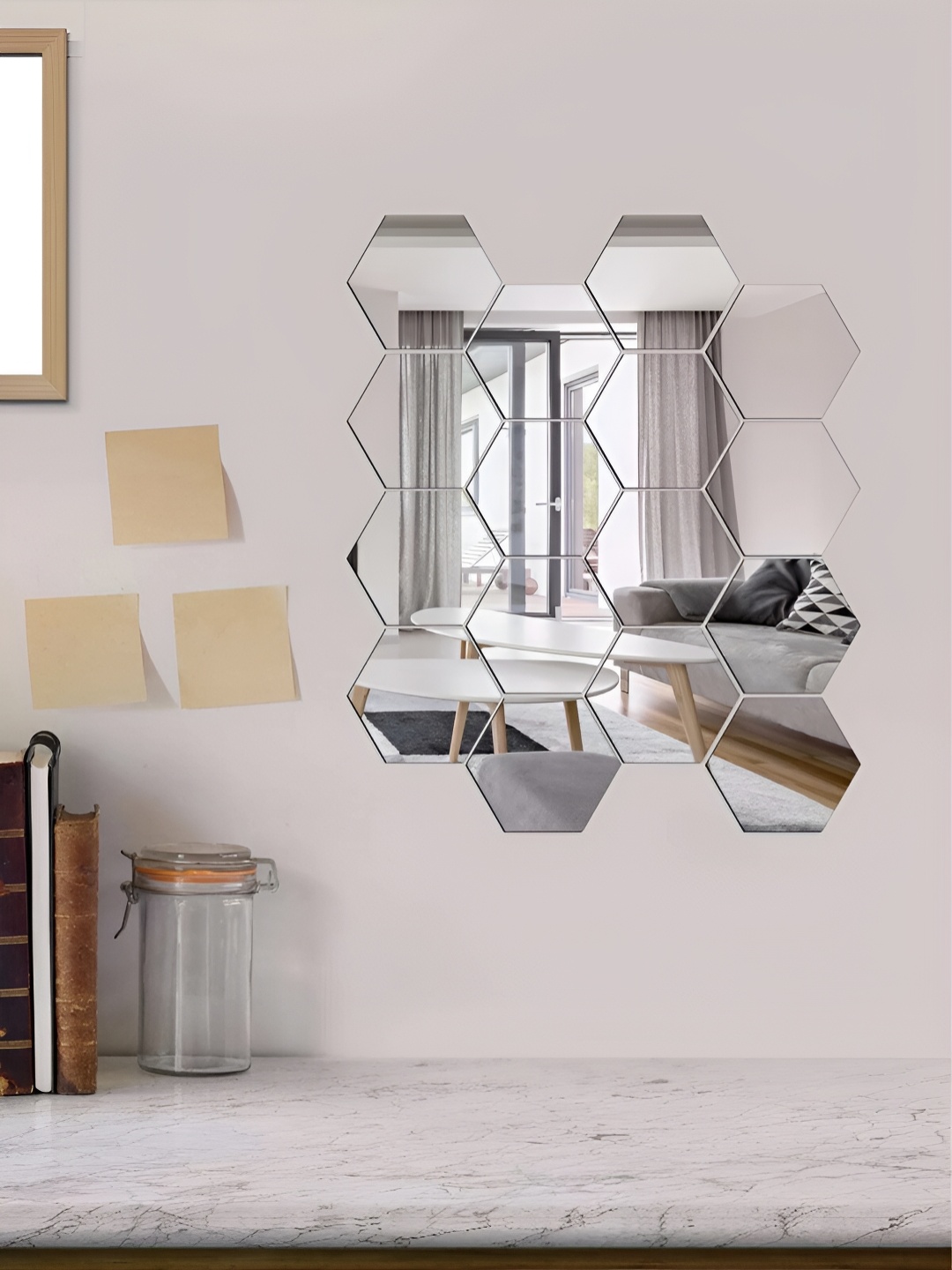 

WALLWEAR Silver Toned 16 Pcs Hexagon Self Adhesive Acrylic Wall Stickers