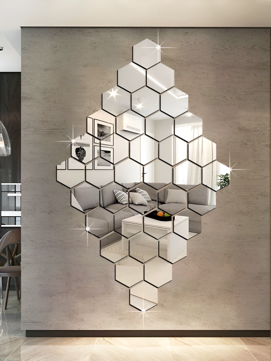 

WALLWEAR Silver Toned 36 Pcs Hexagon Self Adhesive Acrylic Wall Stickers