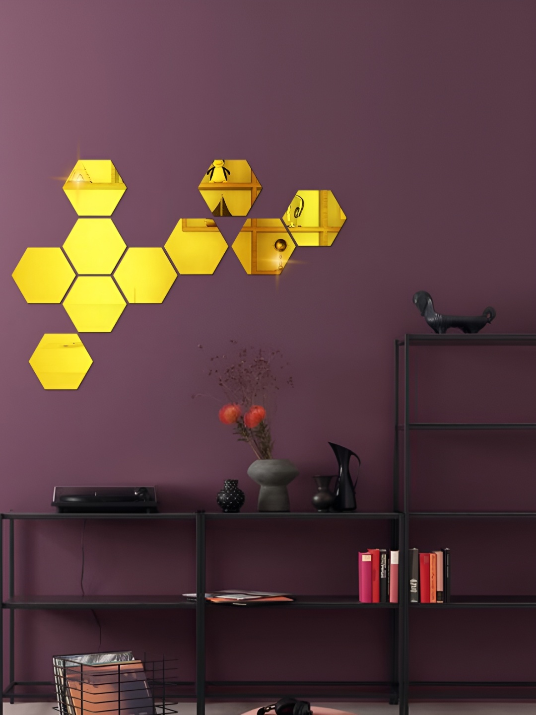 

WALLWEAR Gold Toned 10 Pieces Hexagon Shaped Self Adhesive Acrylic Wall Stickers
