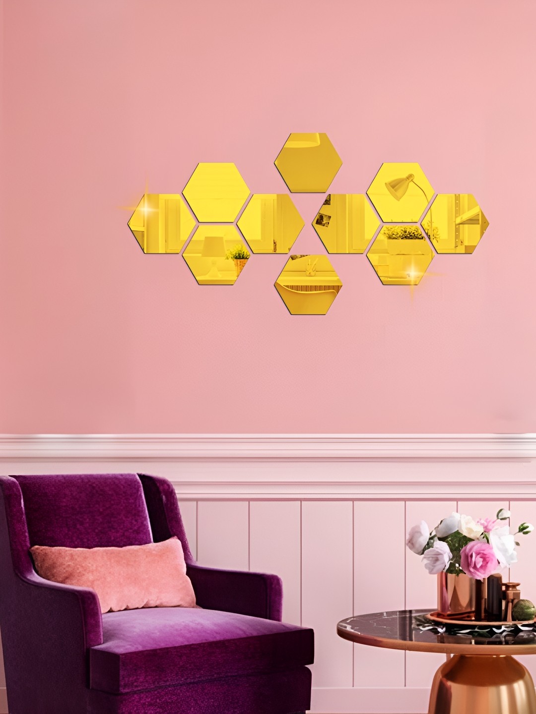 

WALLWEAR Gold Toned 10 Pieces Hexagon Shaped Self Adhesive Acrylic Wall Stickers