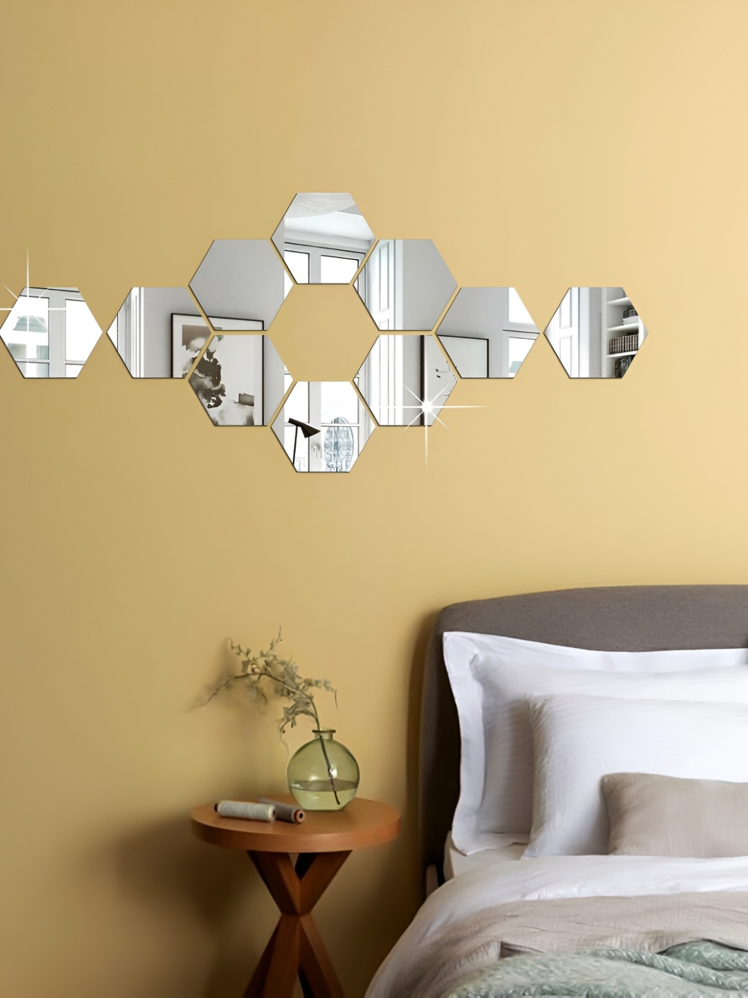 

WALLWEAR Silver Toned 10 Pieces Hexagon Shaped Self Adhesive Acrylic Wall Stickers