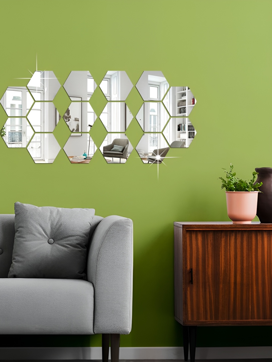 

WALLWEAR Silver-Toned 16 Pcs Hexagon Self Adhesive Acrylic Wall Stickers
