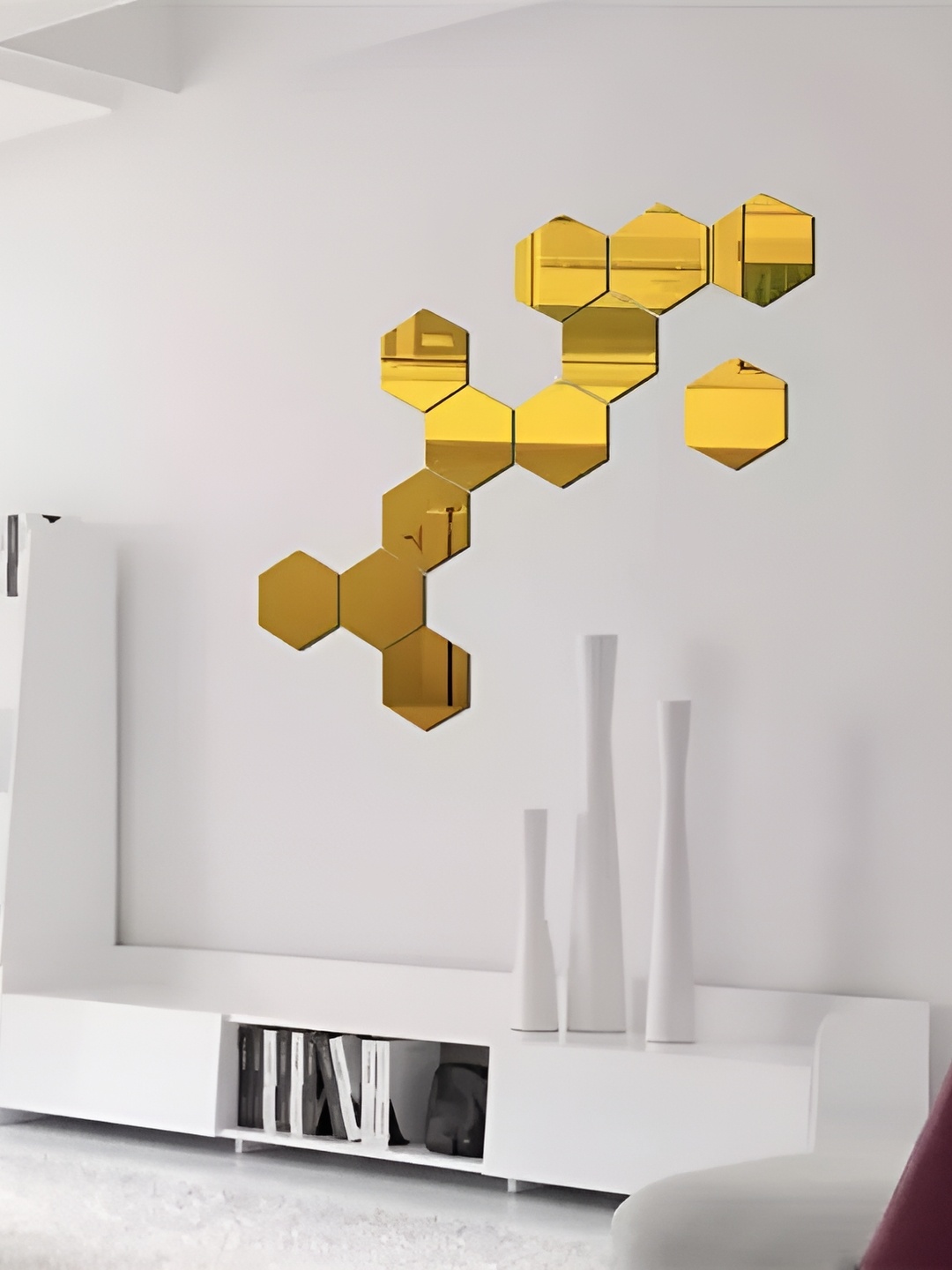 WALLWEAR 12 Pieces Hexagon Self Adhesive Acrylic Wall Stickers, Gold