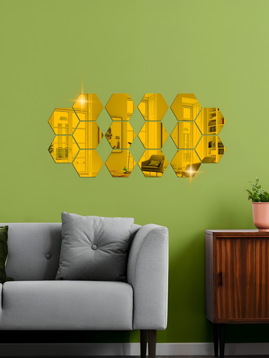 

WALLWEAR Gold Toned 16 Pieces Hexagon Shaped Acrylic Wall Stickers