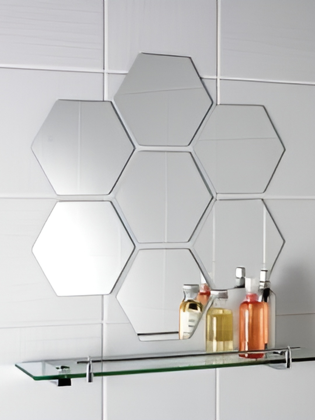 

WALLWEAR Silver Toned 7 Pieces Hexagon Self Adhesive Acrylic Wall Stickers