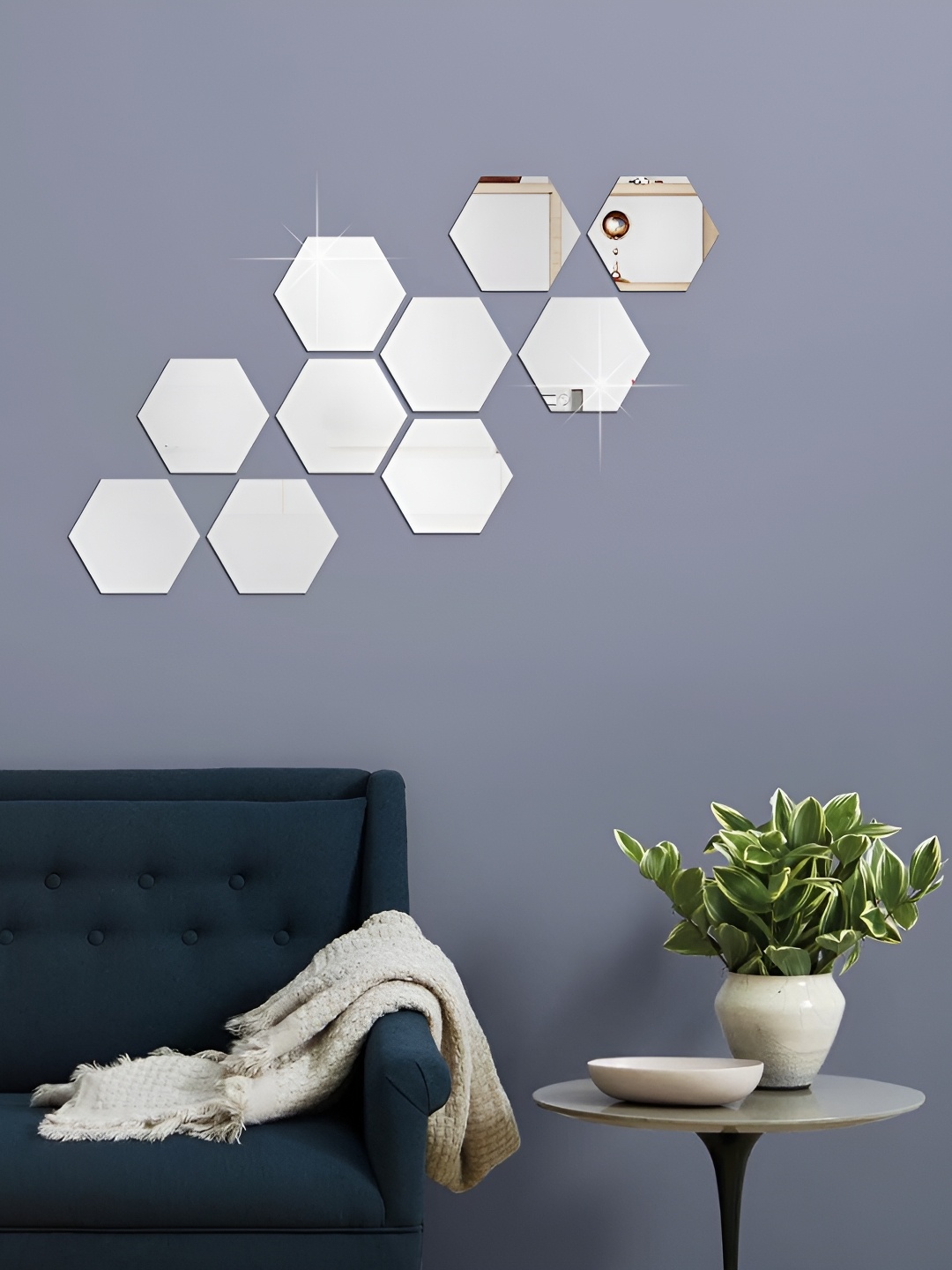 

WALLWEAR Silver Toned 10 Pieces Hexagon Shaped Self Adhesive Acrylic Wall Stickers