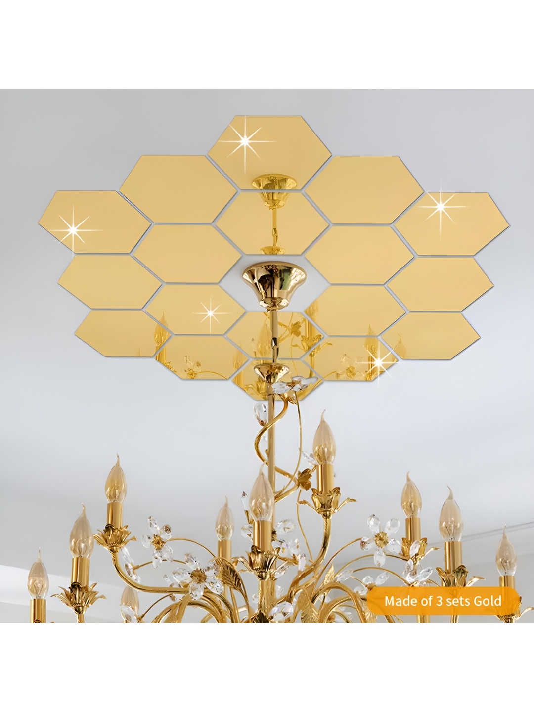 

WALLWEAR Gold Toned 18 Pieces Hexagon Shaped Self Adhesive Acrylic Wall Stickers