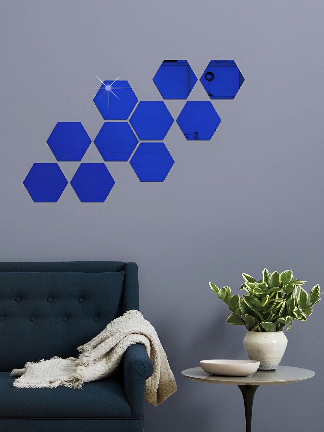 

WALLWEAR Blue 10-Pcs Hexagon Shape Self-Adhesive Mirror Wall Stickers