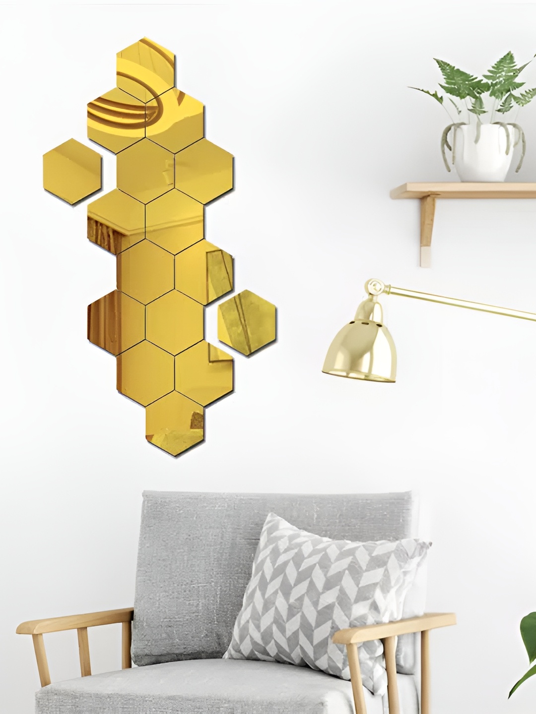 

WALLWEAR Gold Toned 16 Pcs Self-Adhesive Hexagon Shaped Wall Stickers