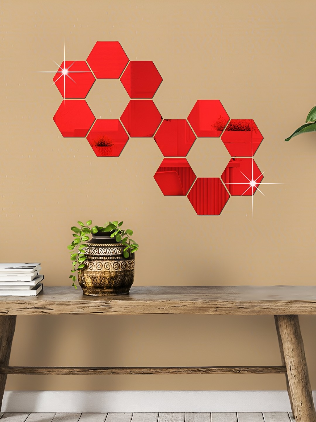 

WALLWEAR Red 12 Pcs Self-Adhesive Hexagon Shaped Acrylic Wall Stickers