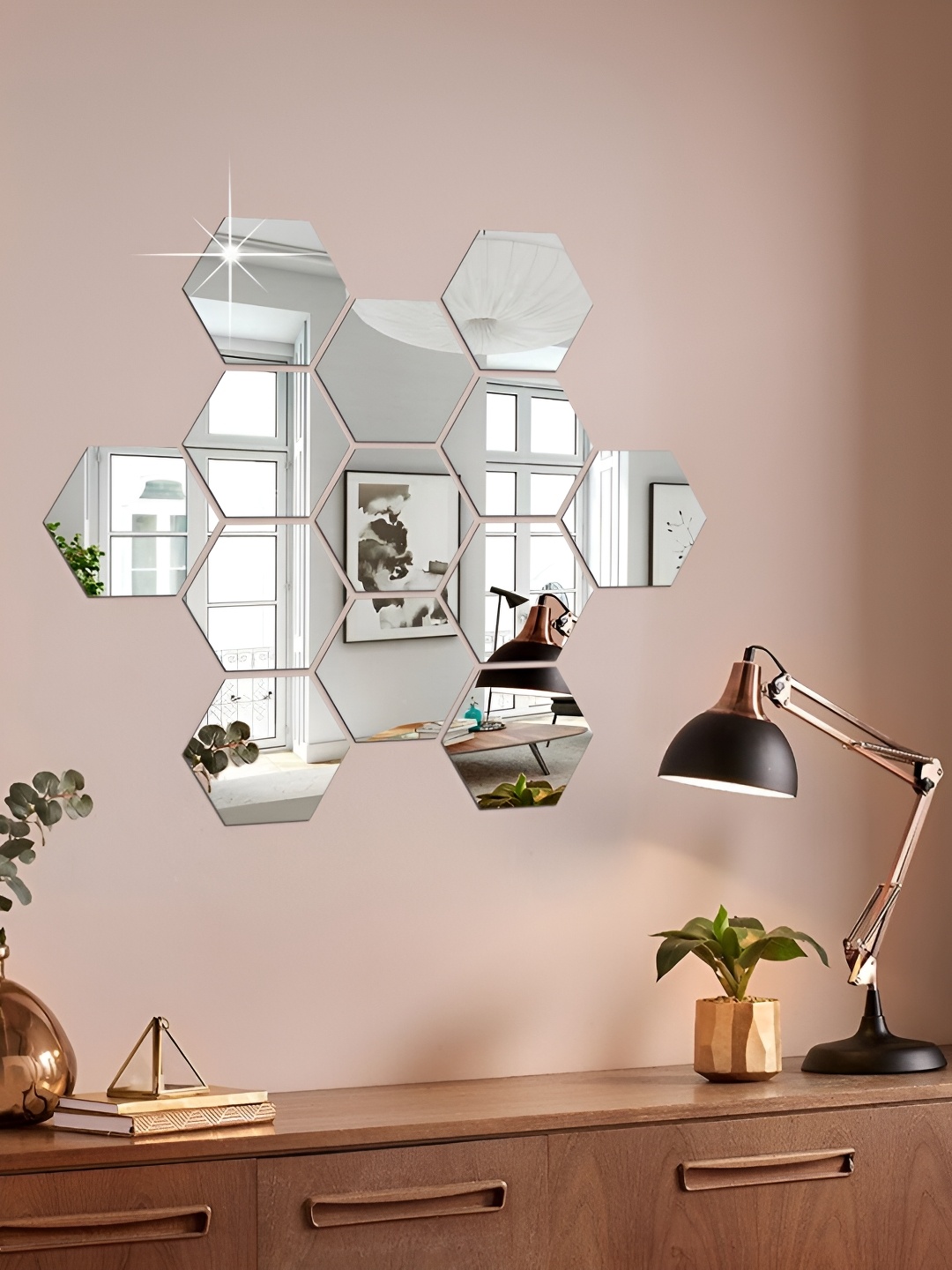 

WALLWEAR Silver Toned 13 Pieces Hexagon Shaped Self Adhesive Acrylic Wall Stickers