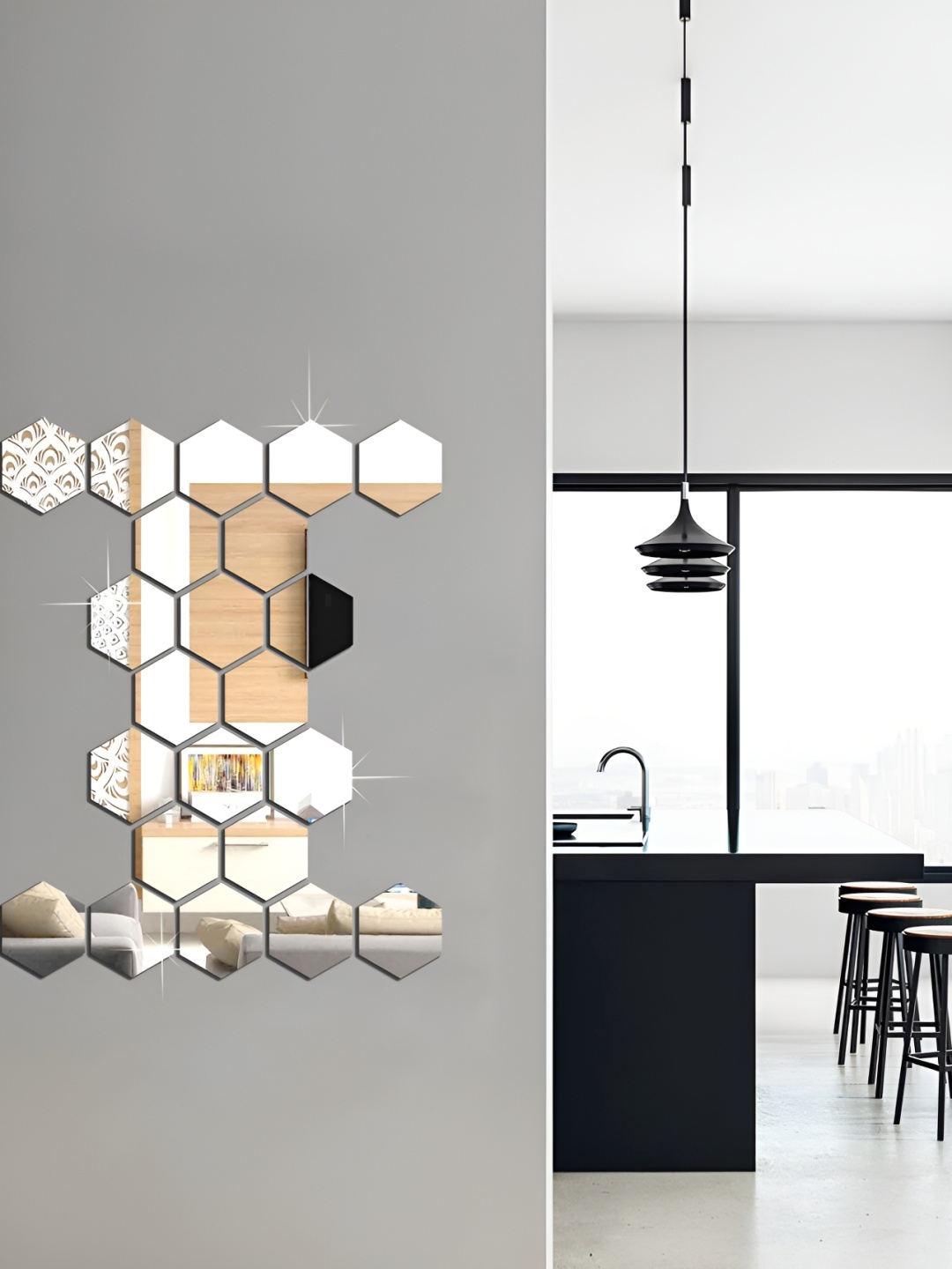 

WALLWEAR Silver Toned 22 Pieces Hexagon Shaped Acrylic Wall Stickers
