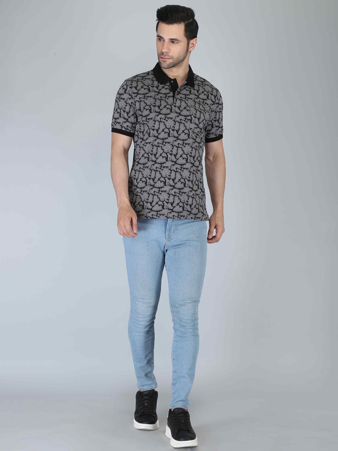 CELSIUS Abstract Printed Polo Collar T-shirt, Grey