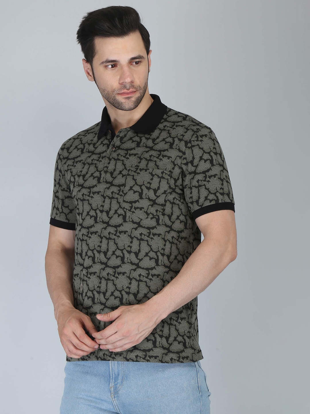 CELSIUS Floral Printed Polo Collar T-shirt, Olive