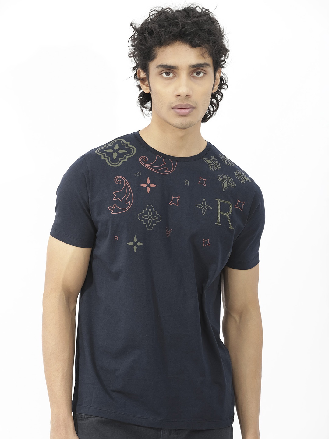 

RARE RABBIT Men Athens Floral Printed Cotton Slim Fit T-Shirt, Navy blue