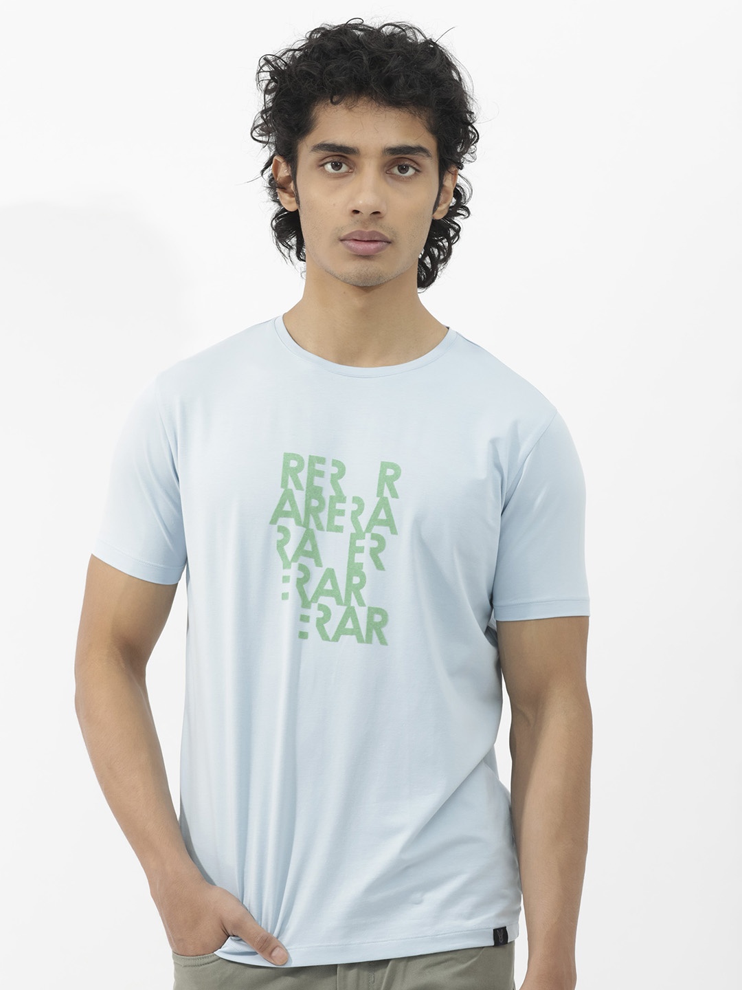 

RARE RABBIT Men Akro Typography Printed Cotton Slim Fit T-Shirt, Blue