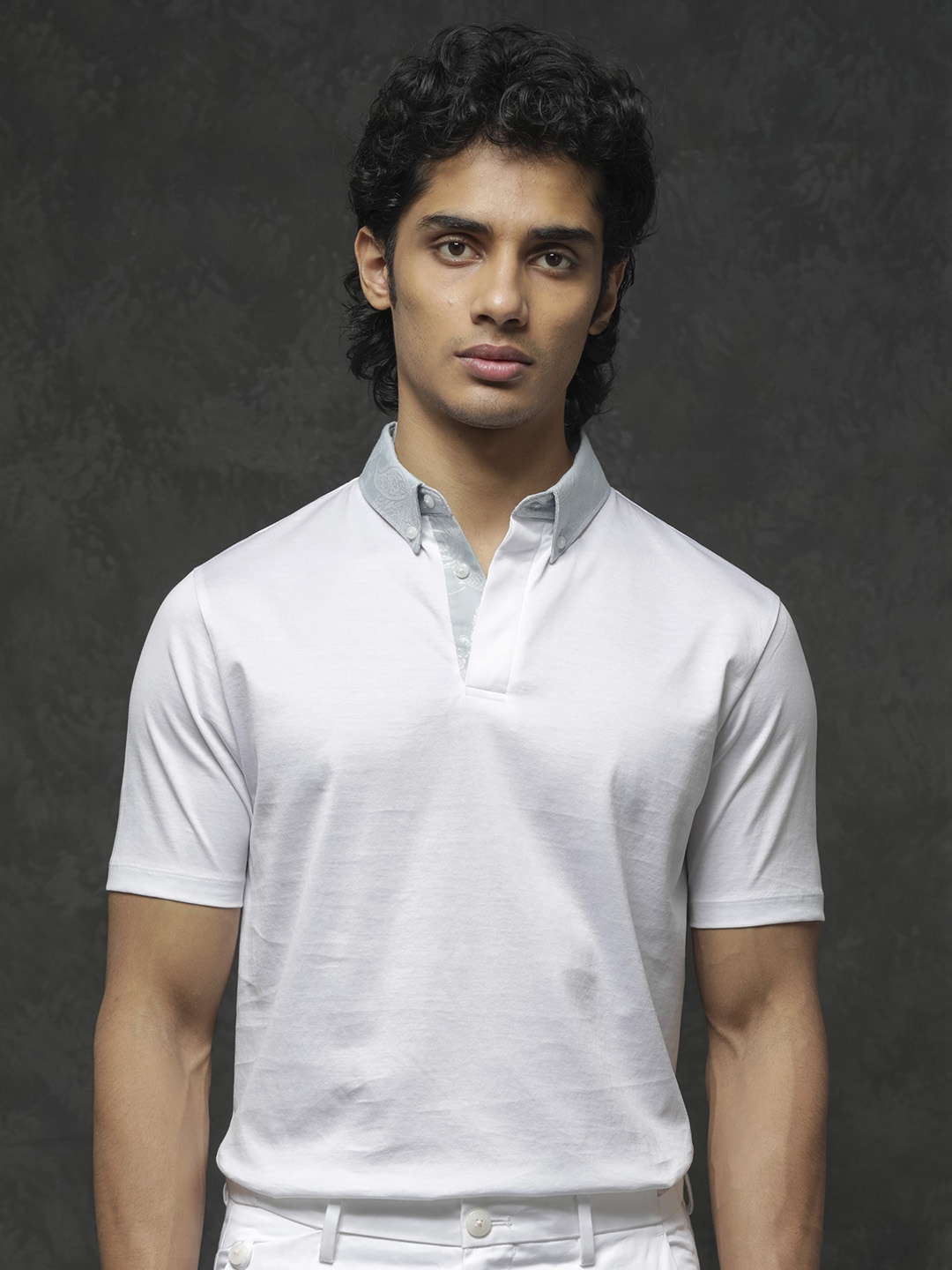 RARE RABBIT Men Clarance Polo Collar Cotton Slim Fit T-Shirt, White