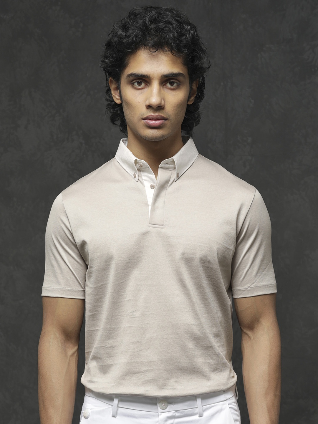 

RARE RABBIT Men Clarance Polo Collar Cotton Slim Fit T-Shirt, Beige