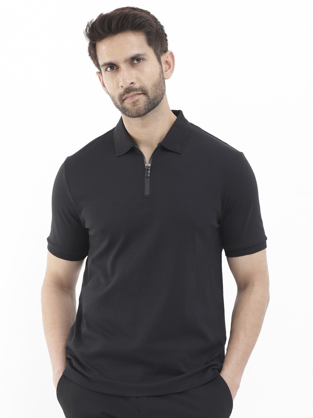 

RARE RABBIT Men Holit Polo Collar Cotton Slim Fit T-Shirt, Black