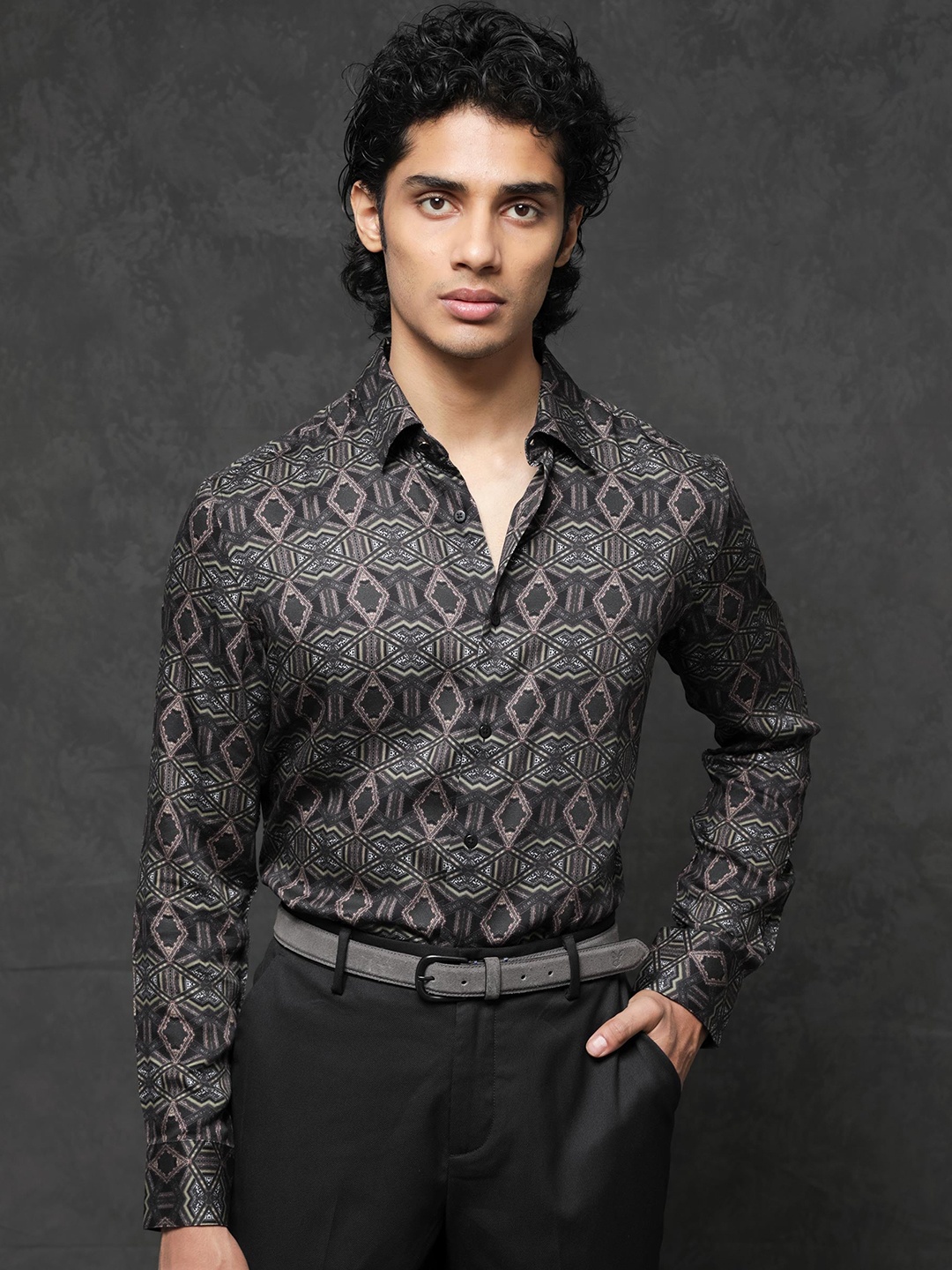 

RARE RABBIT Men Capel Slim Fit Ethnic Motifs Printed Shirt, Black