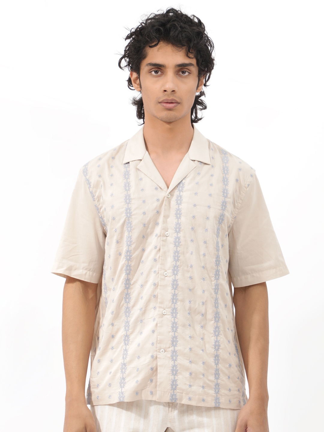 

RARE RABBIT Men Embomo Slim Fit Ethnic Embroidered Cotton Shirt, Beige