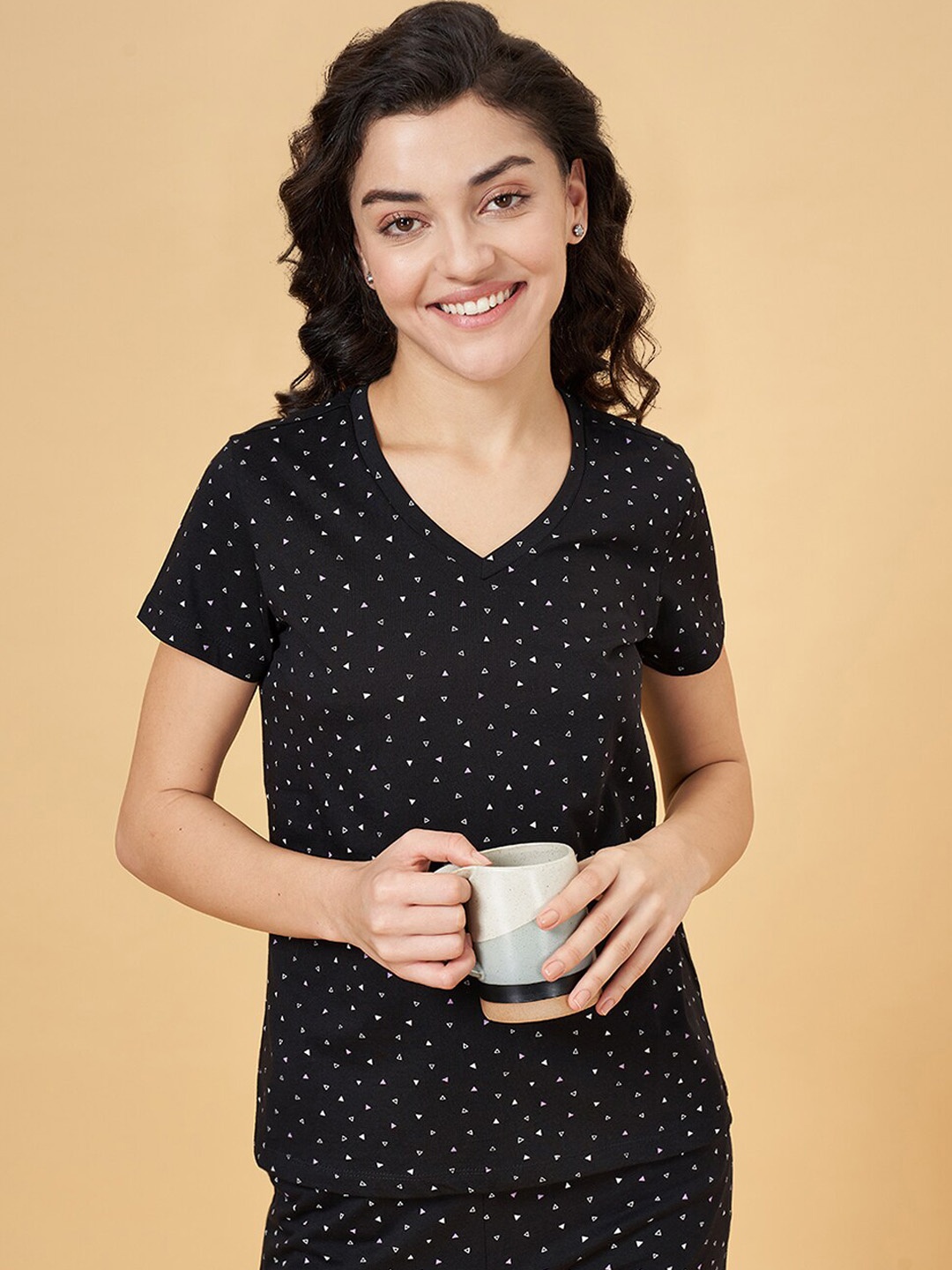 

Dreamz by Pantaloons Geometric Printed Pure Cotton Lounge T-Shirt, Black
